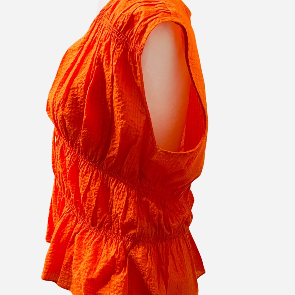 Frame EUC Ruched V Neck Sleeveless Top Blouse Orange Button Front Peplum M - Picture 7 of 12